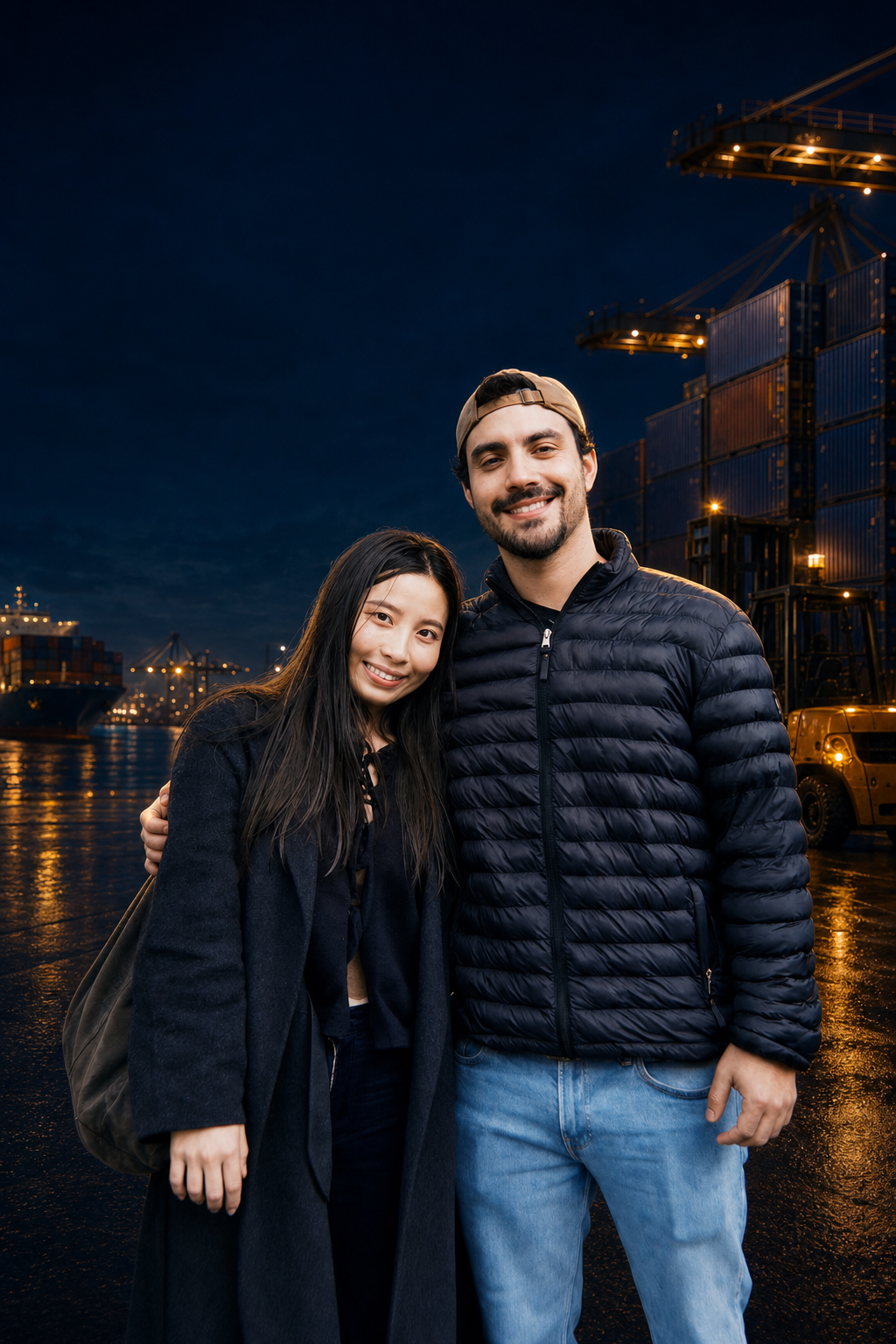 Fundadores da BaoLink em um porto com contêineres
